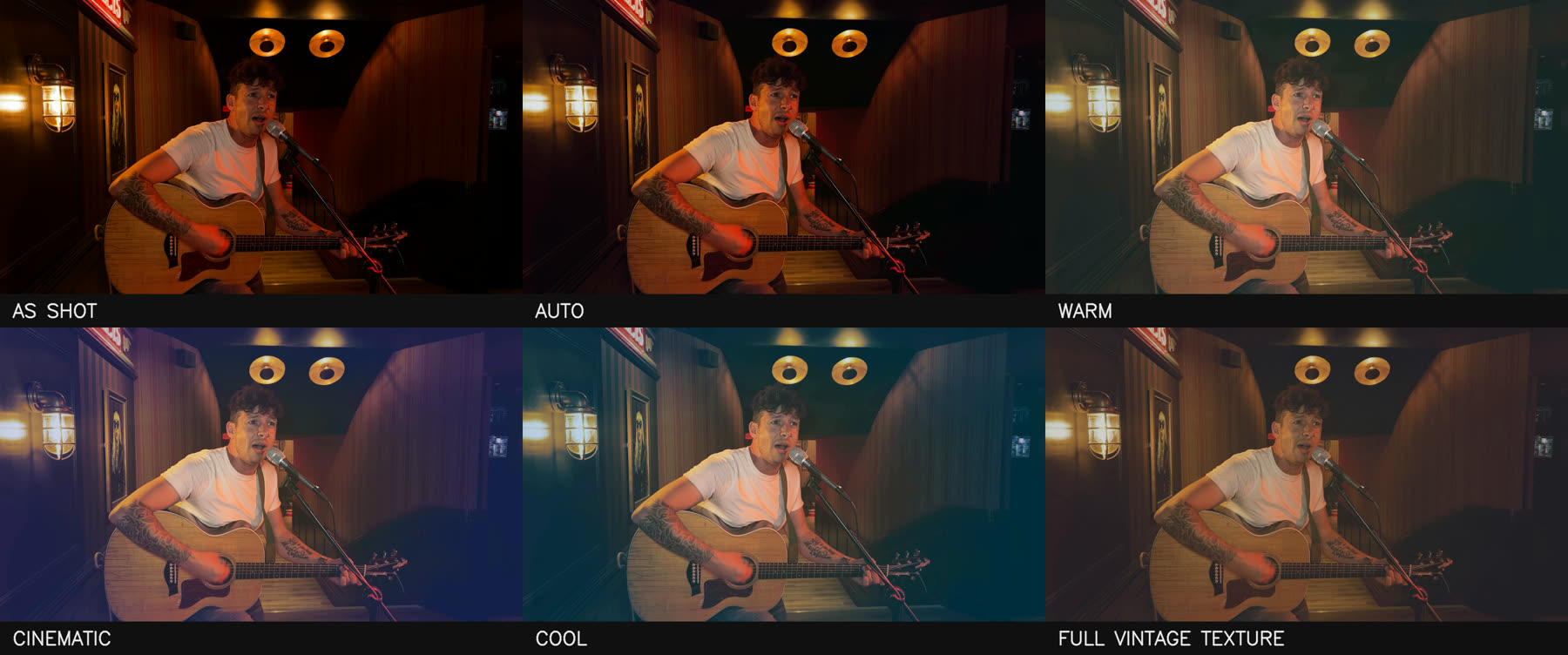 Six grades of the same frame in a dark tungsten-lit pub — the looks change the room dramatically while the singer's skin stays natural in all six